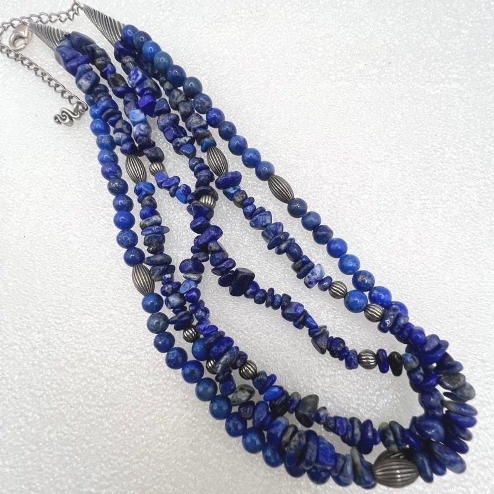 Blue Beaded Necklace Semi Precious Stones Sterling Silver Findings Designer Mark